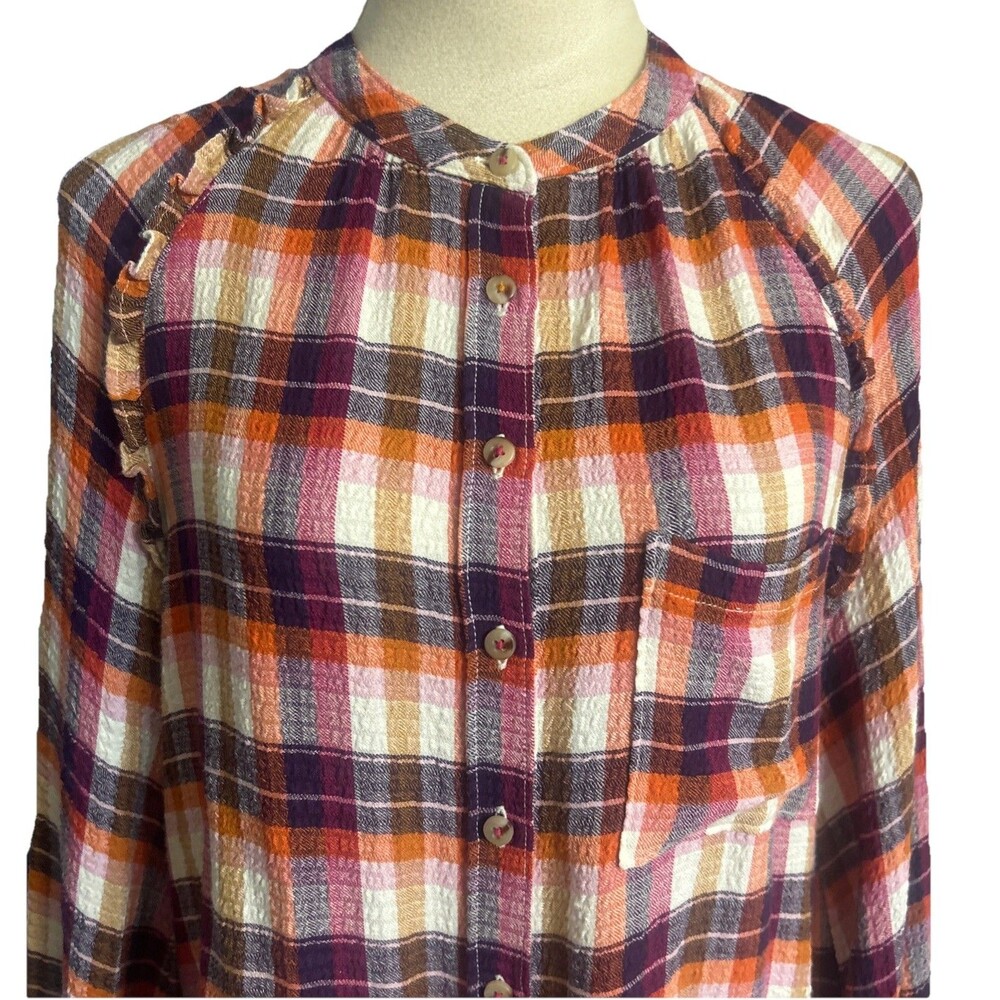 Anthropologie Pilcro Sz S Breezy Button Down Blouse Ruffle Plaid Boho Cottage - Picture 3 of 12